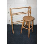 A pale wood clothes airer, 61cm, and circular stool on ring turned legs
