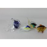 Five small coloured glass ornaments of fish, various colours, shapes and sizes