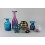 A collection of six Mdina coloured glass vases, various shapes and colours to include a blue glass