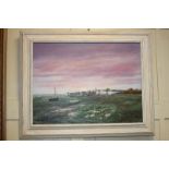 Robert Rampton, harbour at low tide, 'Bosham sunset', oil on canvas, signed, inscribed paper label