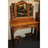 A yew Chippendale style dressing table with shell inlaid three-section mirror, five jewellery