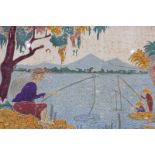 20th century school, Japanese style view of figures fishing beside a lake, distant mountains,