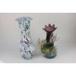 An end of day glass vase, 36.5cm high, together with a 20th century coloured glass vase decorated