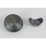 A Chinese sycee ingot, 36.2g, together with a bronze bell, labelled Byzantine 8th-9th century AD.