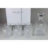 A Royal Doulton clear glass 'seasons' decanter set, comprising a square spirit decanter and six