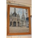 Mick Page (20th century), Chichester Market Cross before the Cathedral, oil on board, inscribed,