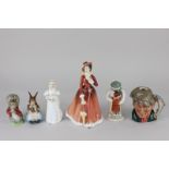 Three Royal Doulton porcelain figures, Thank you Snowman, Bridesmaid, Julia (a/f), two Beswick