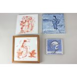 Two Mintons tiles decorated with classical figurers on glazed white ground, one framed, 15.2cm,