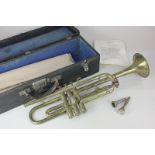 A Jerome Thibouville-Lamy & Co Paris, brass B flat trumpet, with two mouthpieces in a case,