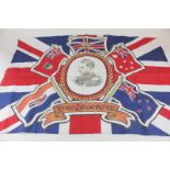 An Edward VII Royal Commemorative tea towel, printed with portrait of Edward with Union flag, 87cm