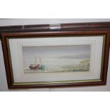 Alan Whitehead, moored fishing boats beside a coastline, watercolour, signed, 9.5cm by 21.5cm