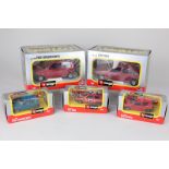 Five Burago die cast model Fiat motor cars, comprising two 1:24 scale and three 1:43 scale,