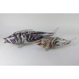 Two Venetian coloured glass fish ornaments, largest 51.5cm
