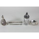 A pair of 19th century silver sugar tongs, maker TW, a Victorian silver mounted cut glass