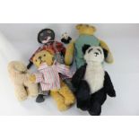 Five 1950's soft toys, including two teddy bears, a panda teddy bear, a lamb and a golly, together