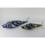 Two similar Venetian coloured glass fish ornaments, 45cm largest