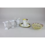 A Royal Worcester porcelain cabinet cup and saucer, a Limoges box, a sweets dish, a pair of urns,