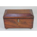 A 19th century mahogany tea caddy on ball feet, 23cm wide