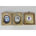 Two modern miniature portraits depicting ladies in 18th century costume, 8cm by 6cm, together with