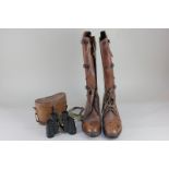 A pair of World War One period tan leather boots, with lace holes and straps, marked 'Thierry,
