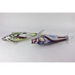 Two Venetian coloured glass ornaments of fish, one with metallic colouring, 45.5cm