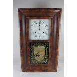 A T Elliott, Yeovil, wall clock, the painted glass door depicting Venetian scene, 65.5cm by 39cm