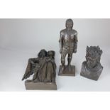 A Marcus Designs bronzed composition figure of a knight, 34cm high, a wall plaque of a Medieval