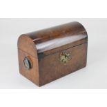 A 19th century burr walnut box, with domed hinged lid and brass ring handles, 19.5cm, with key