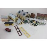 A Hornby plastic railway station building with instructions, some stickers, figures and accessories,