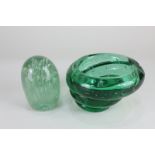 A green glass controlled bubble bowl together with a pale green glass dump paperweight