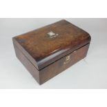 A Victorian burr walnut and mother of pearl inlaid work box, 30cm