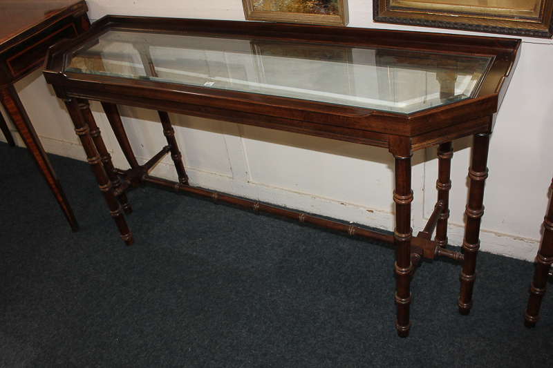 A pair of mahogany glass-topped console tables, rectangular shape with cut corners and shaped - Image 3 of 3