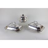 A pair of silver plated entree dishes and covers, Atkin Brothers, with bamboo effect borders and