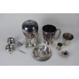 A silver plated egg coddler (a/f), a Walker & Hall silver plated pint tankard, a pair of cauldron