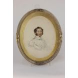 Victorian school, study of a gentleman, watercolour and pencil, unsigned, in oval frame, 20cm by