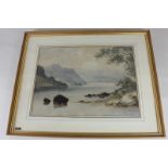 W. Page (19th century), Lake District view of mountains across a lake, Ullswater, watercolour,