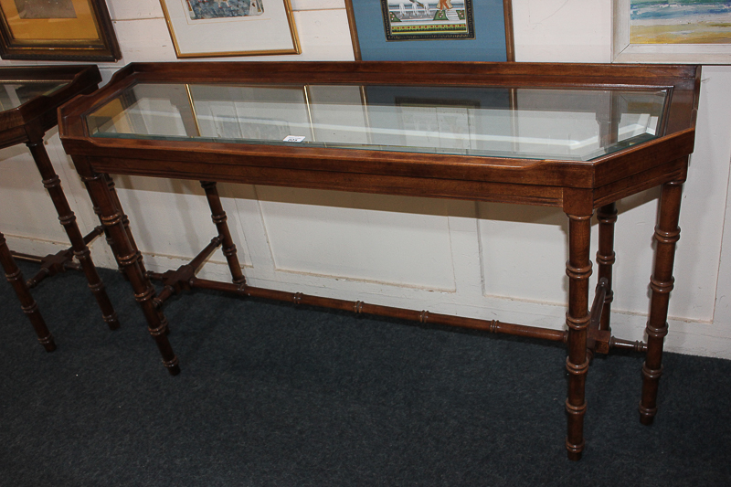A pair of mahogany glass-topped console tables, rectangular shape with cut corners and shaped - Image 2 of 3