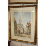 P. Le Boeuff, street scene before a cathedral, the mount inscribed 'St Pierre, Caen', watercolour,