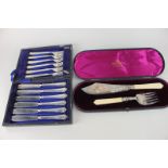 A cased set of six silver plated fish knives and forks, together with a cased set of Mappin & Webb