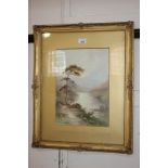 19th century school, mountainous river landscape, tree in the foreground, watercolour,
