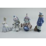 Two Lladro figures of clowns, with accordion, 15cm, and seated on a ball, 19cm, and another of a