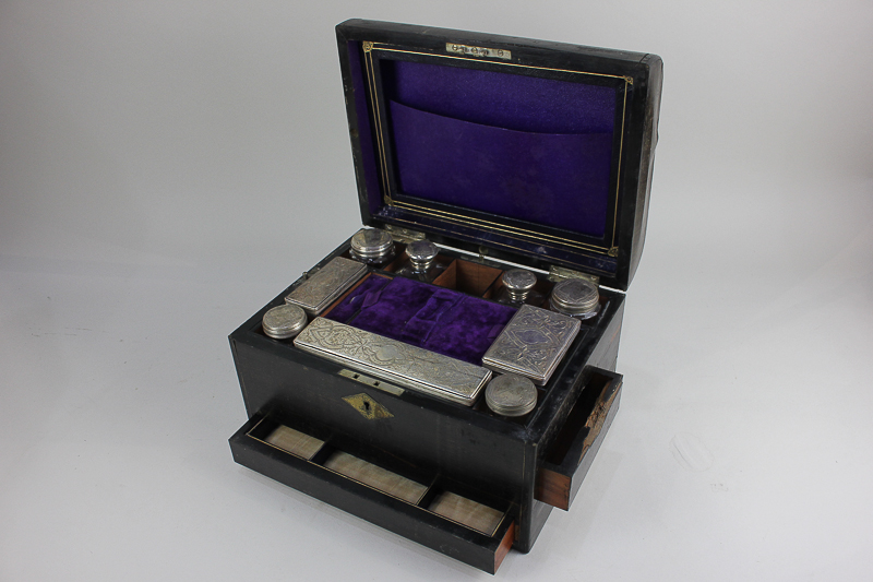A Victorian Coromandel box containing silver plated lidded cut glass jars and bottles, with two - Image 2 of 2