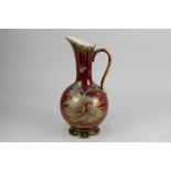 A Crown Devon Chinoiserie jug with polychrome and gilt decoration on mottled maroon ground, 30.5cm