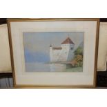 E H Wylnas (20th century), Continental view of a white painted Swiss chateau on a coastline with