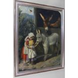 Follower of Herbert William Weekes, children feeding a donkey foal, overlooked by a brown donkey