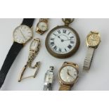 A gentleman's gold Omega wristwatch, a lady's 9ct gold Omega watch on gilt bracelet, and five