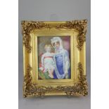 A 19th century miniature portrait of a mother and child, the woman dressed in frilled bonnet and