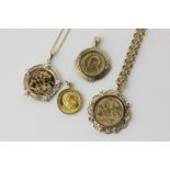 An 1899 half sovereign in a 9ct pendant mount on chain, 18.8g, a 2007 half sovereign in a pearl