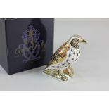 A Royal Crown Derby porcelain bird paperweight in the form of a song thrush, with gold stopper,