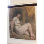 Attributed to Roland Batchelor (1889-1990), seated nude, oil on canvas, indistinctly signed, paper